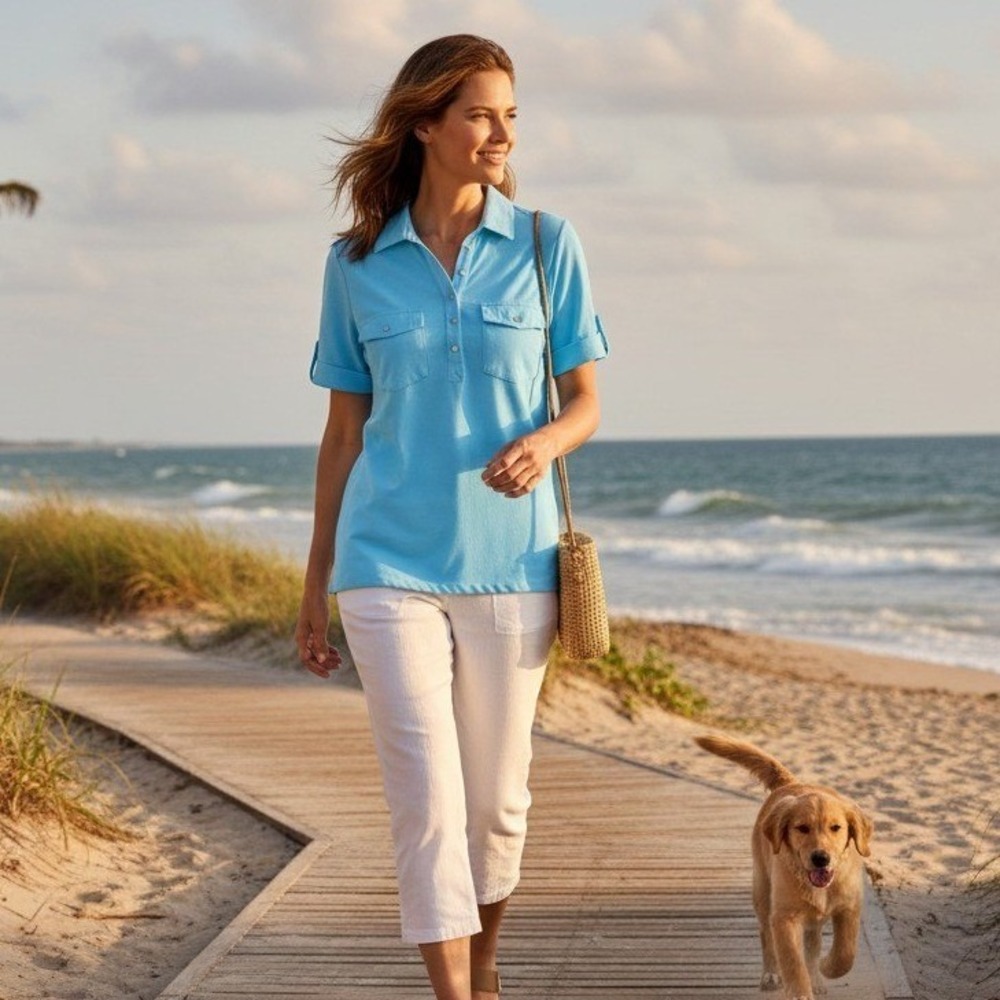 Coral Bay Polo Shirt Women's Large Blue Utility Pockets Roll Tab Sleeve Collared